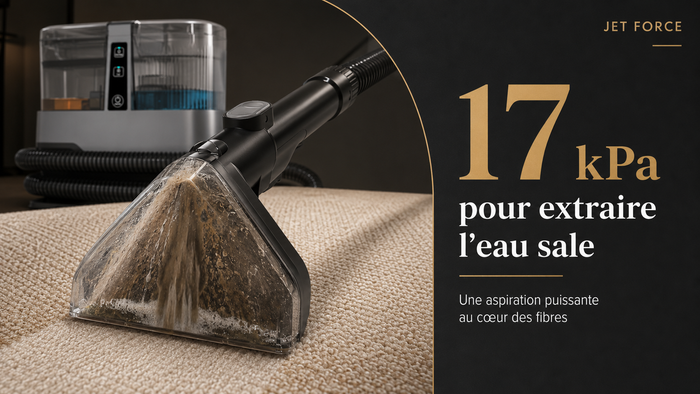 Tête transparente de la shampouineuse Steam Force aspirant l’eau sale avec une puissance de 17 kPa