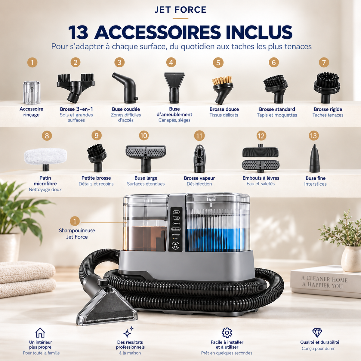 Shampouineuse Steam Force nettoyant un tapis par injection-extraction à 17 kPa