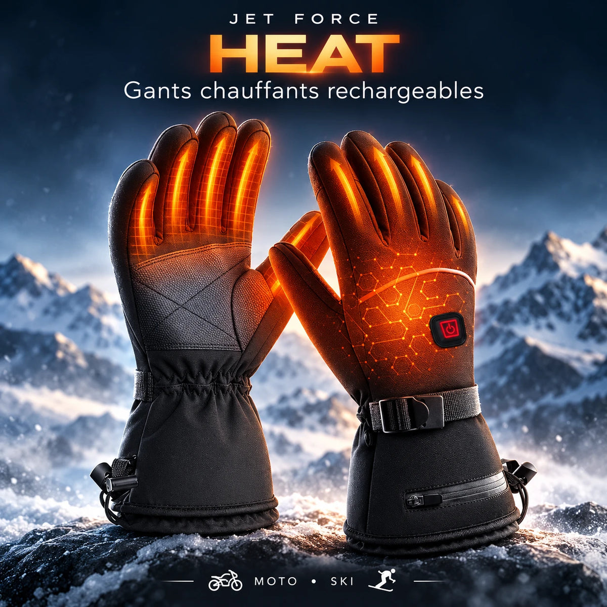 Gants chauffants rechargeables Jet Force Heat en montagne enneigée, zones chauffantes allumées
